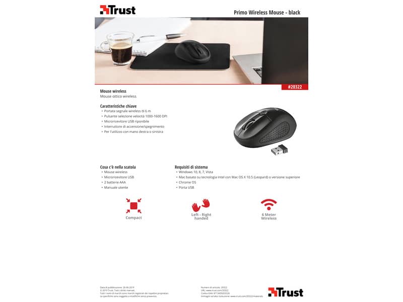 Mouse ottico wireless Trust Primo nero  20322
