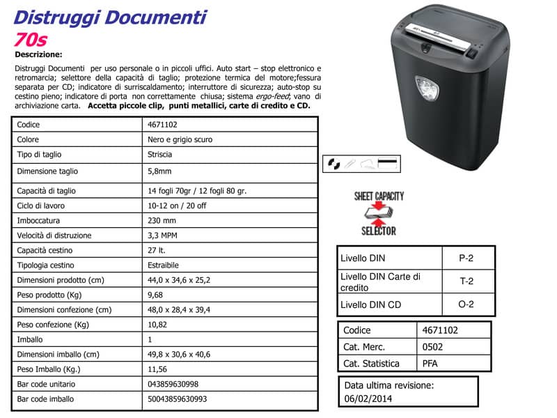 Distruggidocumenti uso moderato FELLOWES Powershred® 70S - P-2 - 27 L - taglio a strisce da 5,8 mm - 4671102