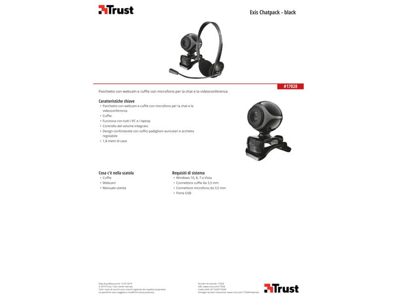 Kit webcam e cuffie con microfono - cavo da 1,8 m Trust Exis Chatpack nero 17028