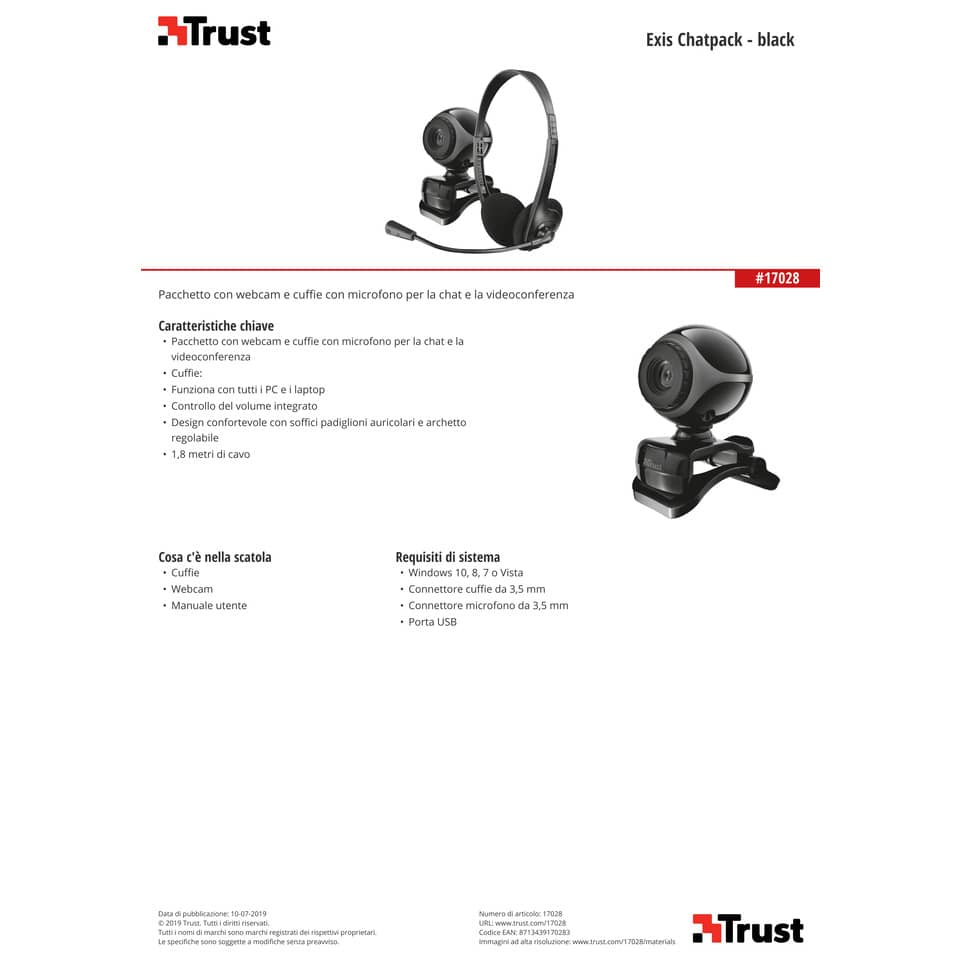 Kit webcam e cuffie con microfono - cavo da 1,8 m Trust Exis Chatpack nero 17028