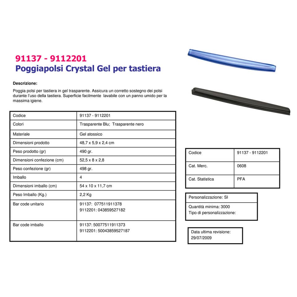 Poggiapolsi da tastiera FELLOWES Crystal™ Gel azzurro 1,59x5,87x47,15 cm - 9113709