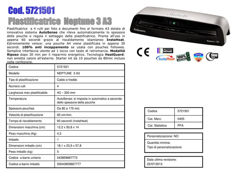 Plastificatrice a caldo FELLOWES Neptune 3 argento/nero A3 5721501