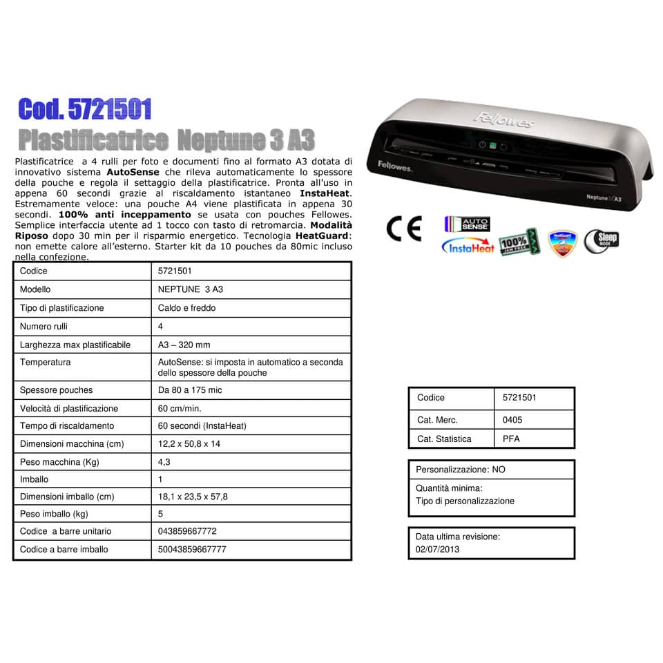 Plastificatrice a caldo FELLOWES Neptune 3 argento/nero A3 5721501
