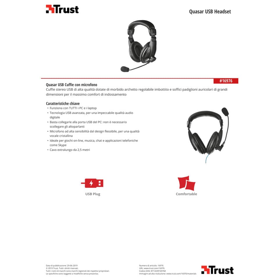 Cuffie con microfono USB Trust Quasar - per PC e Laptop - cavo 2.5 m nero 16976-05