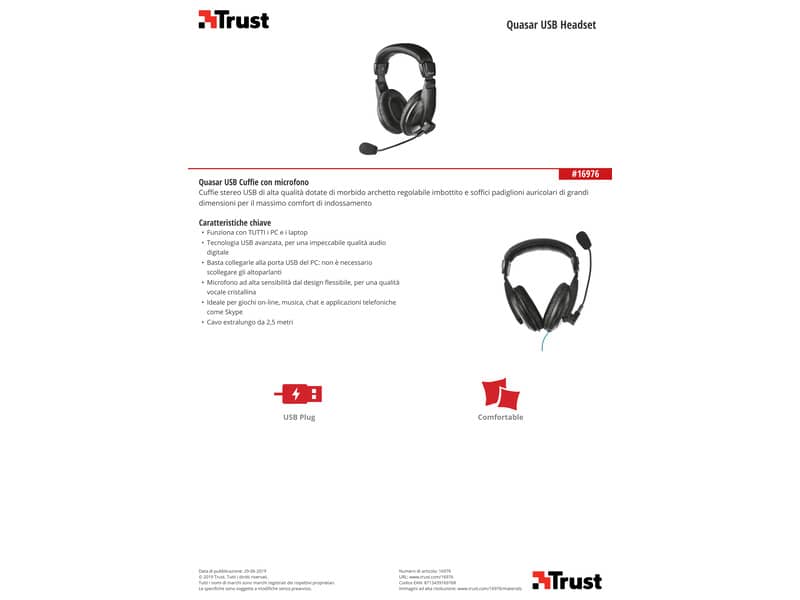 Cuffie con microfono USB Trust Quasar - per PC e Laptop - cavo 2.5 m nero 16976-05