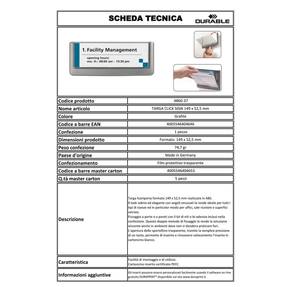 Targhe DURABLE CLICK SIGN ABS trasparente/grafite 149x52,5 mm 486037