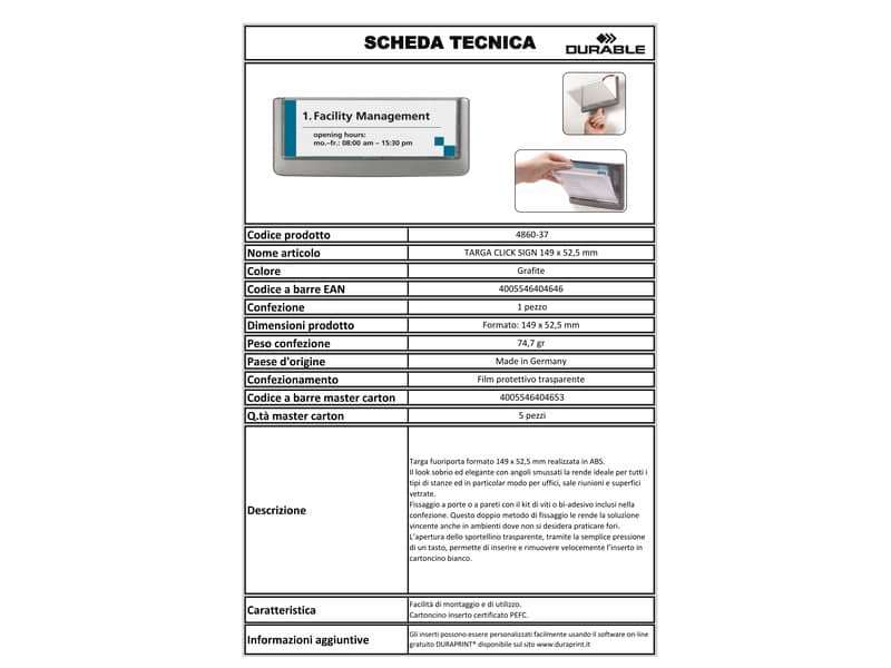 Targhe DURABLE CLICK SIGN ABS trasparente/grafite 149x52,5 mm 486037