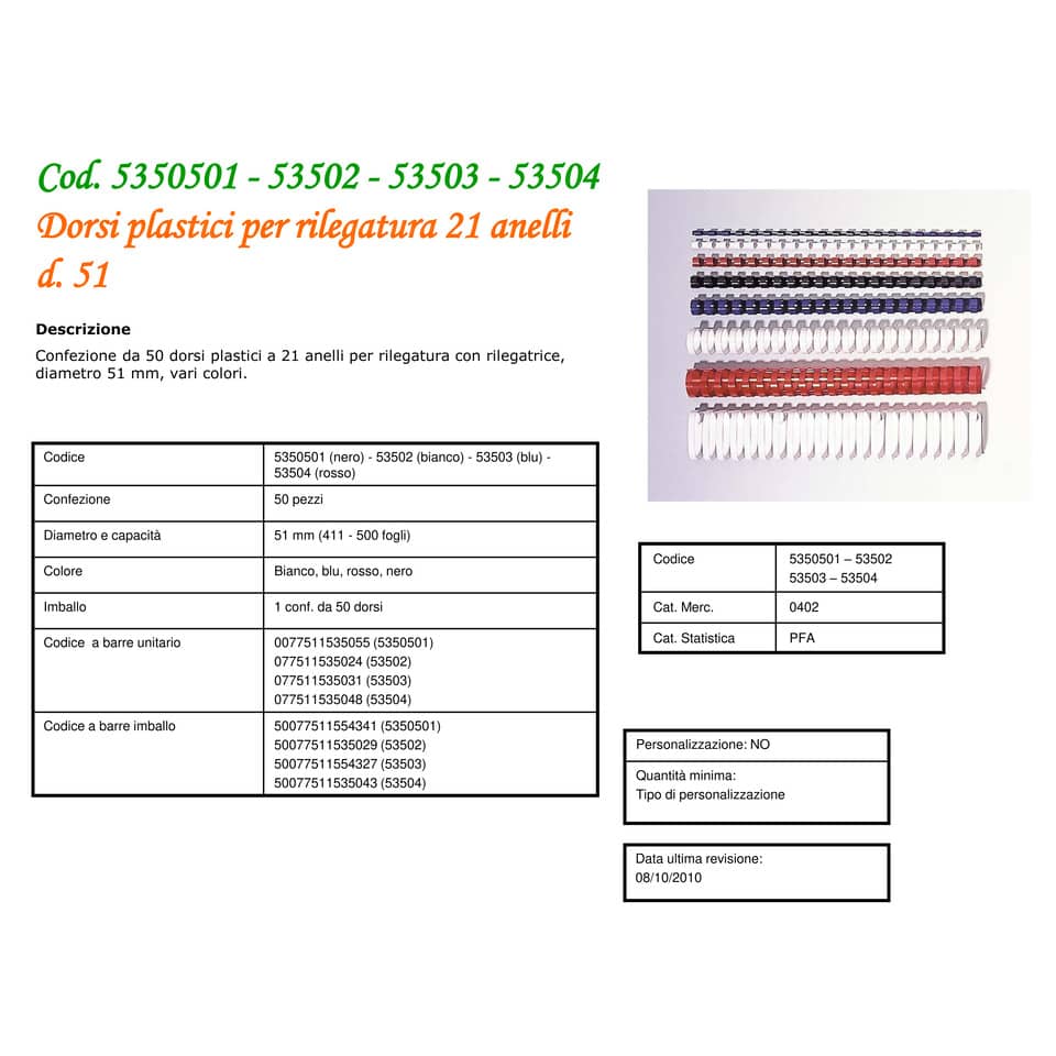 Dorsi plastici FELLOWES bianco ad anello ovale 51 mm - 401-450 fogli conf.50 - 5350202