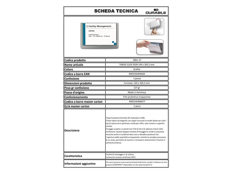 Targhe DURABLE CLICK SIGN ABS trasparente/grafite 149x105,5 mm 486137