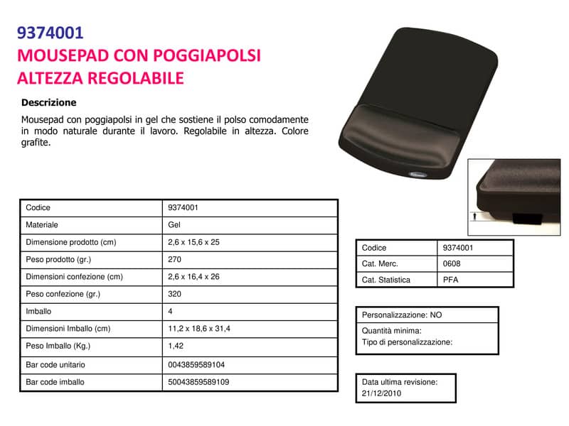 Tappetino mouse con poggiapolsi FELLOWES gel grafite 15,6x25x2,6 cm 9374001
