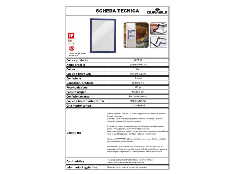 Cornici con pannello magnetico DURABLE DURAFRAME® A4 blu scuro 236x323mm conf. 2 - 487207