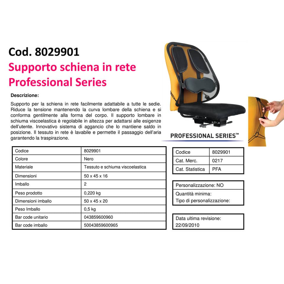 Supporto FELLOWES Professional Series™ per schiena tessuto in rete nero 50x45x16cm - 8029901