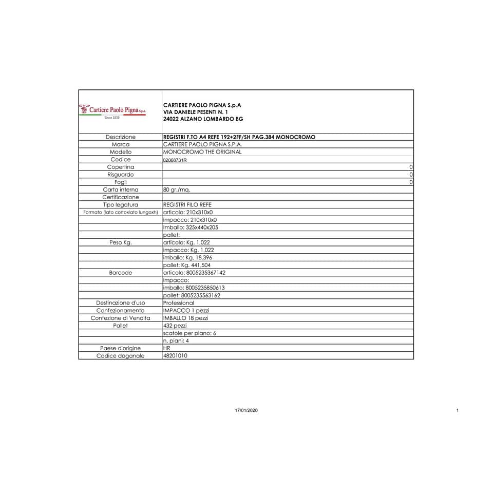 Registro 194 fogli Pigna Monocromo A4 1R  02068731R