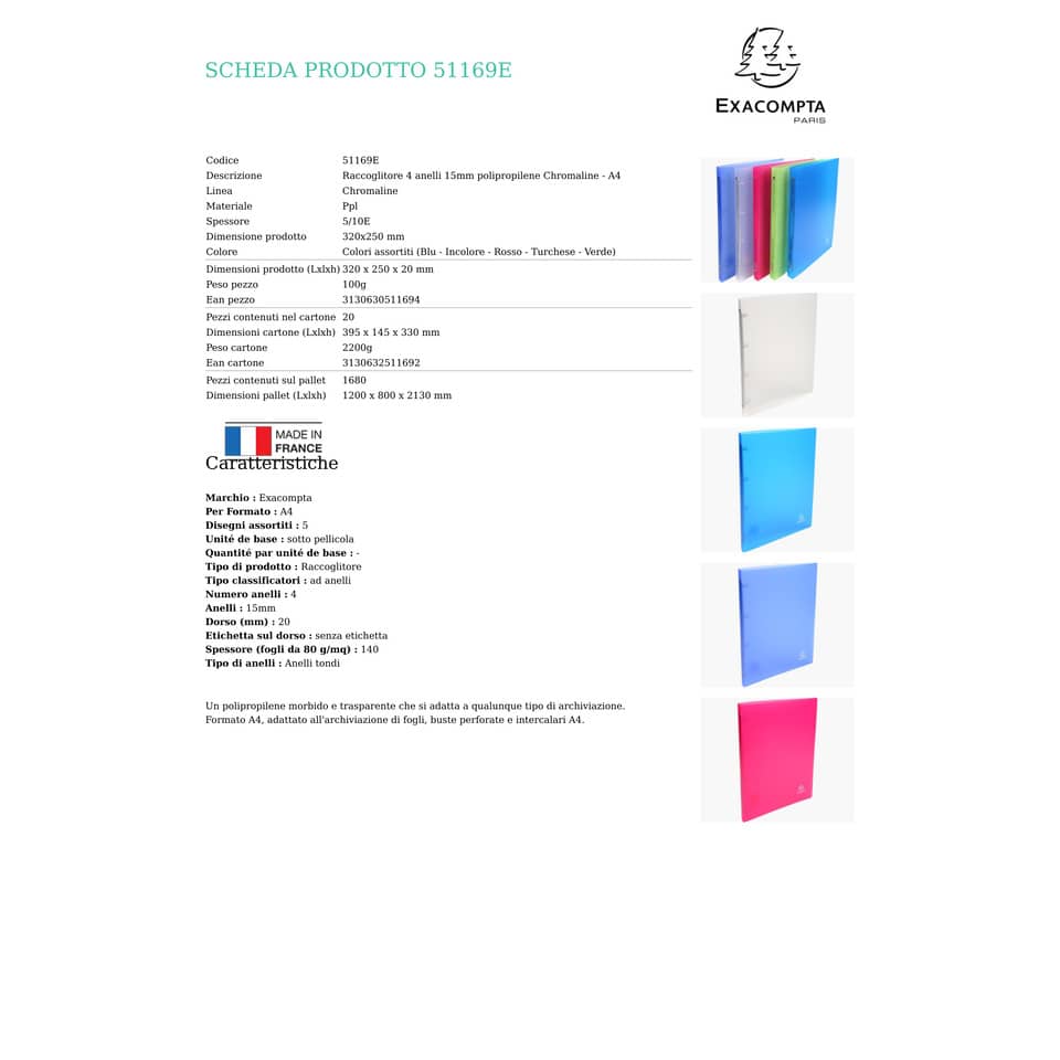 Raccoglitore ad anelli Exacompta CHROMALINE 4 anelli Ø 15 mm ppl A4 5 colori assortiti - 51169E