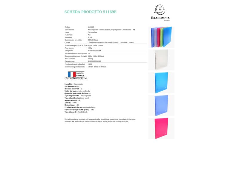 Raccoglitore ad anelli Exacompta CHROMALINE 4 anelli Ø 15 mm ppl A4 5 colori assortiti - 51169E