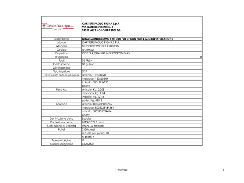 Quaderno 70 fogli Pigna Monocromo a 4 fori A5 5mm 02155595M