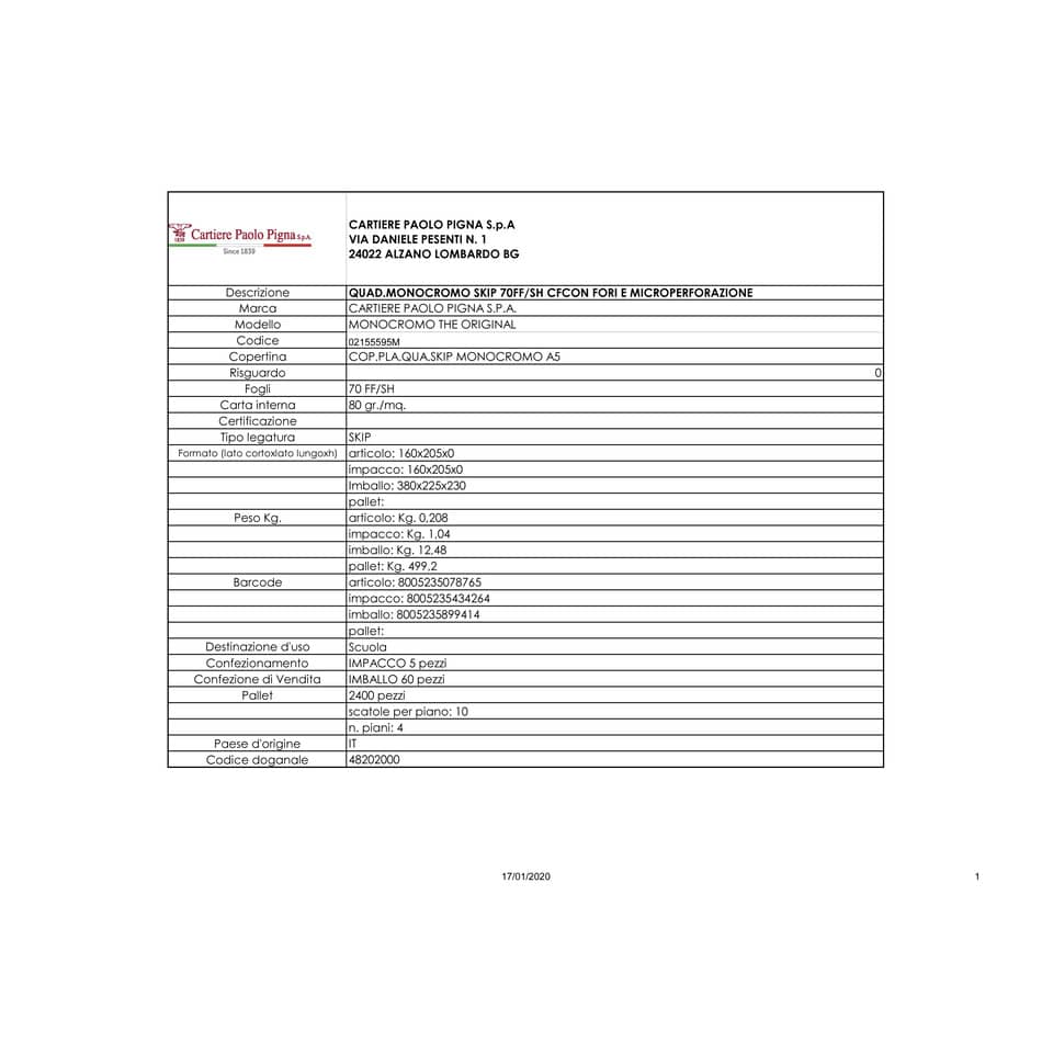 Quaderno 70 fogli Pigna Monocromo a 4 fori A5 5mm 02155595M