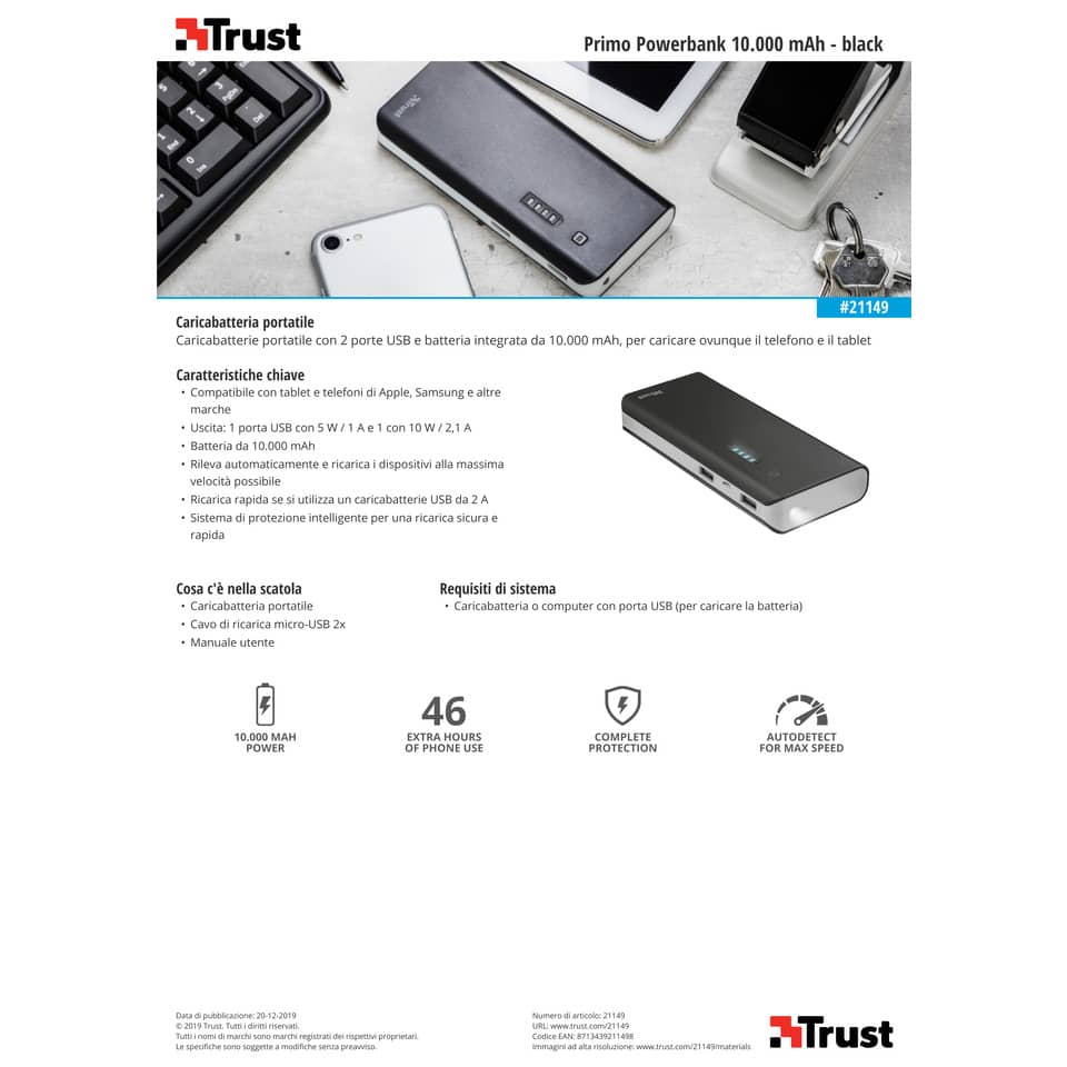 Caricabatterie portatile Powerbank 10000 Trust Primo nero 21149
