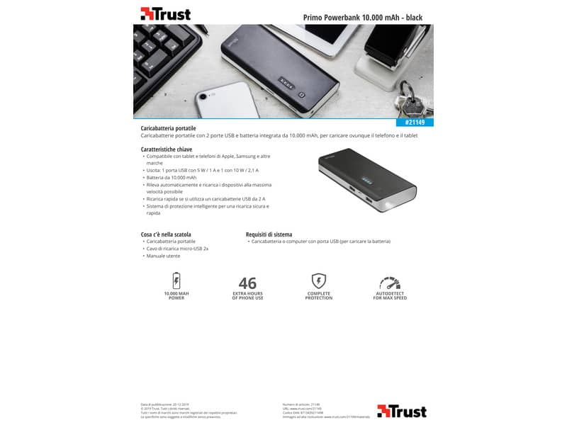 Caricabatterie portatile Powerbank 10000 Trust Primo nero 21149