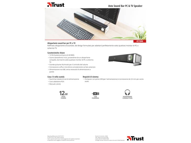 Altoparlante Sound Bar per PC e TV Trust Asto Sound USB 12 W nero 21046