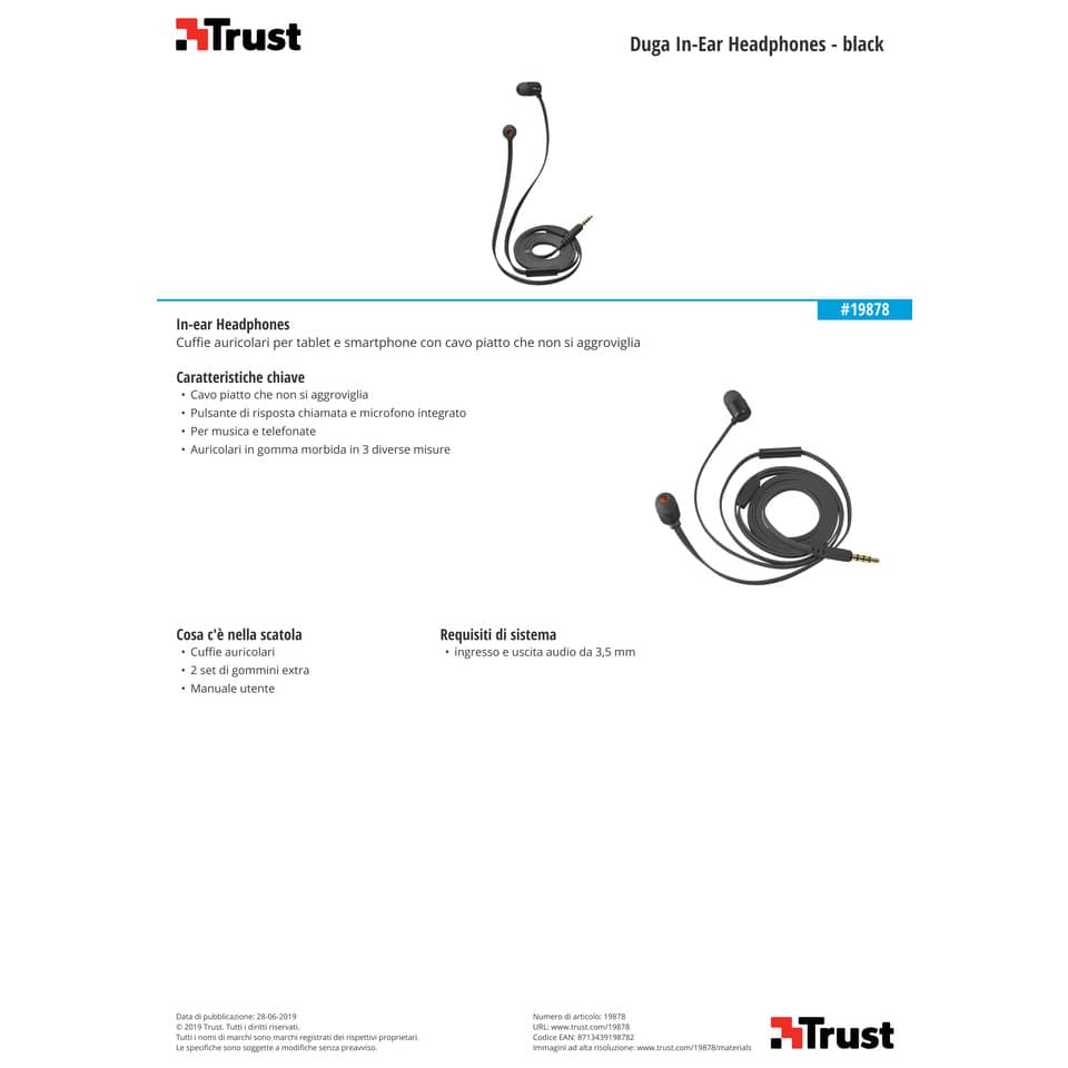 Cuffie auricolari in gomma Trust Duga in 3 misure nero 19878
