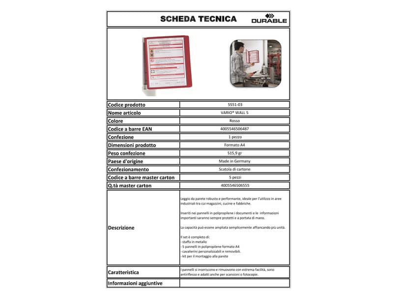 Leggio da parete DURABLE VARIO® WALL 5 pannelli A4 metallo/polipropilene rosso 555103