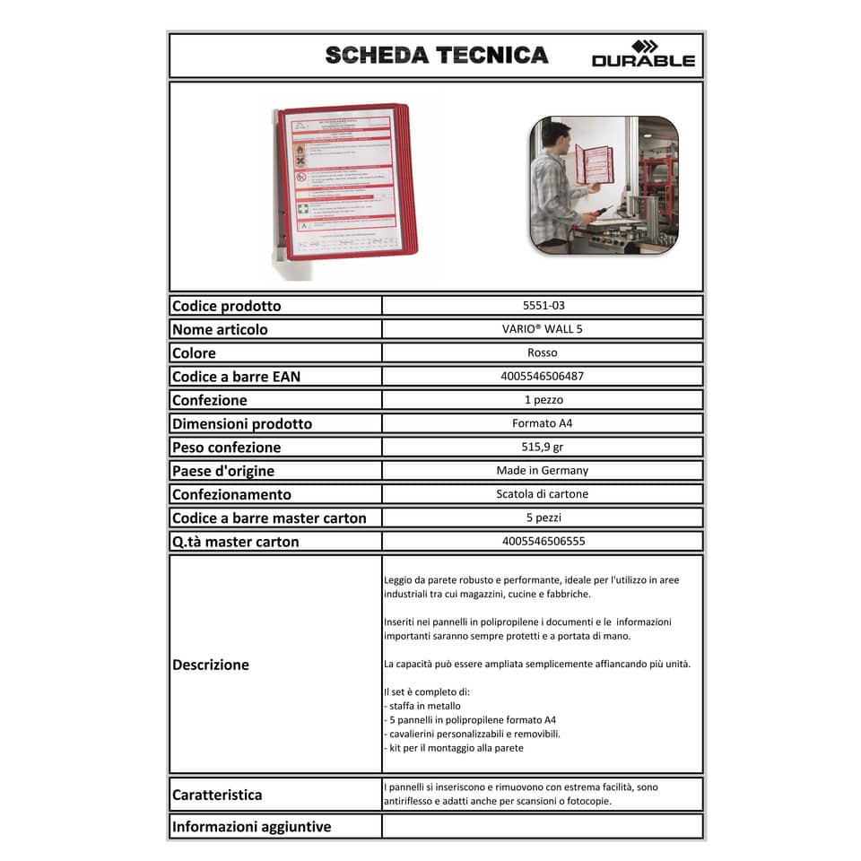 Leggio da parete DURABLE VARIO® WALL 5 pannelli A4 metallo/polipropilene rosso 555103