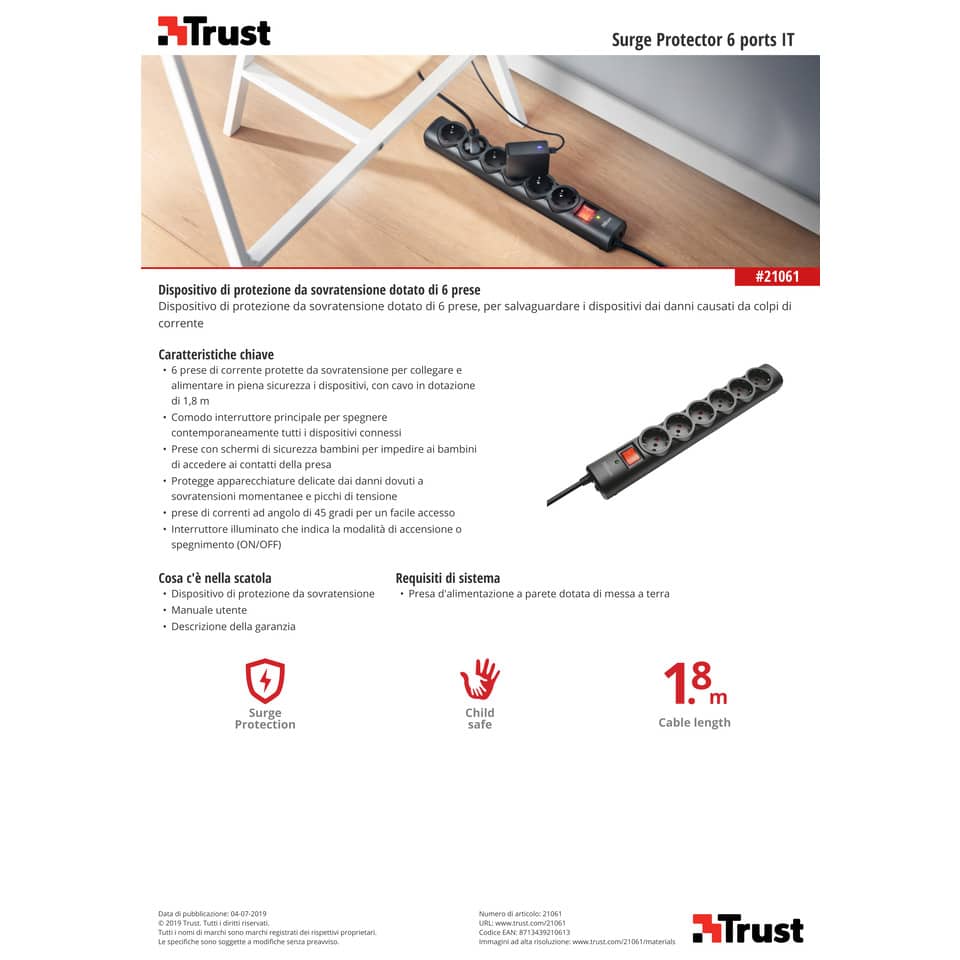 Multipresa a 6 porte con interruttore Trust Surge Protector 1.8 m nero 21061