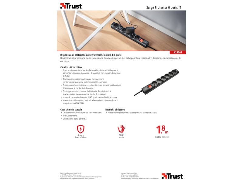 Multipresa a 6 porte con interruttore Trust Surge Protector 1.8 m nero 21061