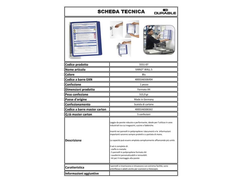 Leggio da parete DURABLE VARIO® WALL 5 pannelli A4 metallo/polipropilene blu 555107