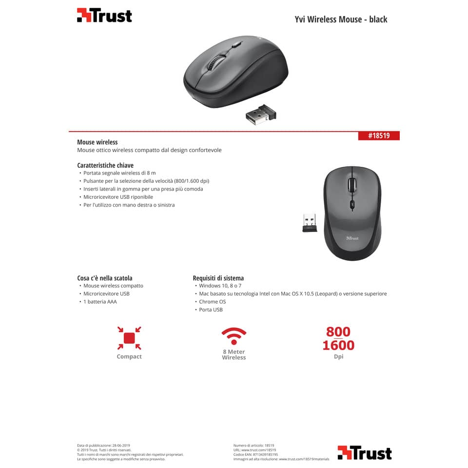 Mouse ottico wireless Trust Yvi nero  18519