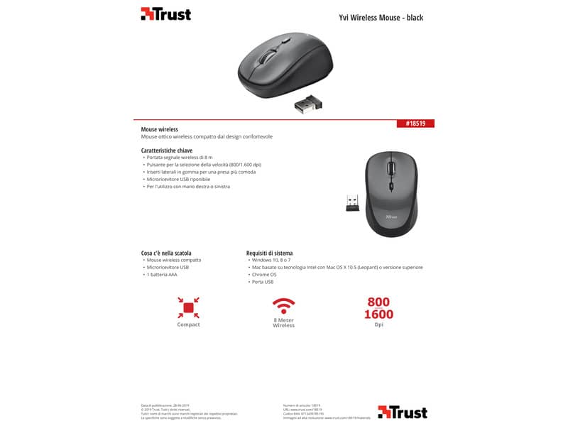 Mouse ottico wireless Trust Yvi nero  18519