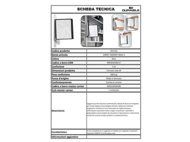 Leggio da parete DURABLE VARIO® MAGNET WALL 5 pannelli A4 nero - 591401