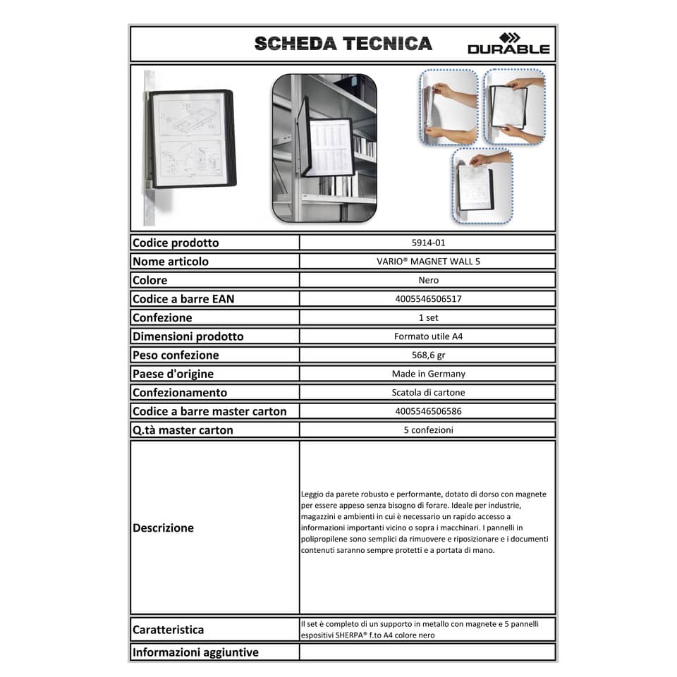 Leggio da parete DURABLE VARIO® MAGNET WALL 5 pannelli A4 nero - 591401
