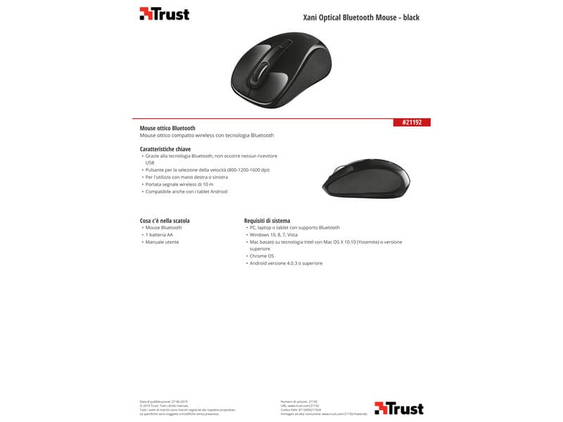 Mouse ottico bluetooth 800/1200/1600 dpi Trust Xani nero 21192