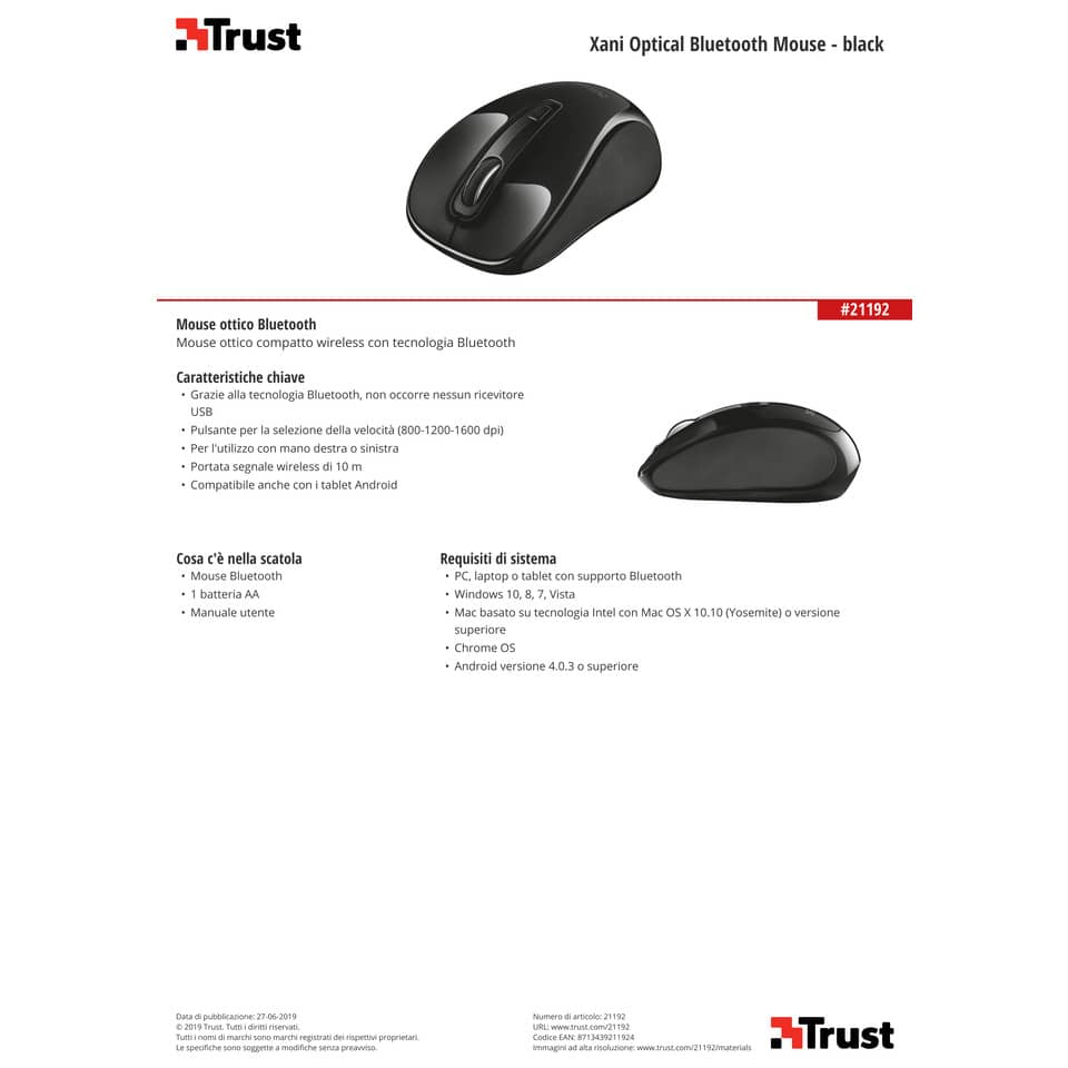 Mouse ottico bluetooth 800/1200/1600 dpi Trust Xani nero 21192