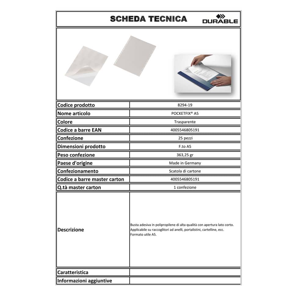 Buste adesive DURABLE POCKETFIX® A5 polipropilene trasparente conf. 25 pezzi - 829419