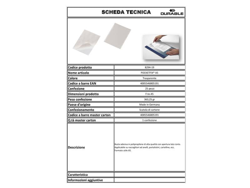 Buste adesive DURABLE POCKETFIX® A5 polipropilene trasparente conf. 25 pezzi - 829419