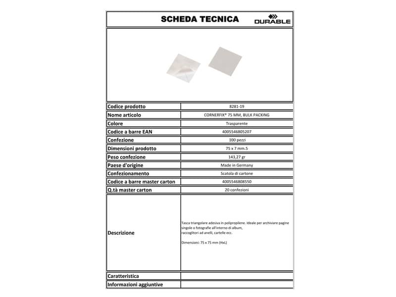 Tasche adesive DURABLE CORNERFIX® triangolari polipropilene trasparente 75x75mm  conf. 100 - 828119
