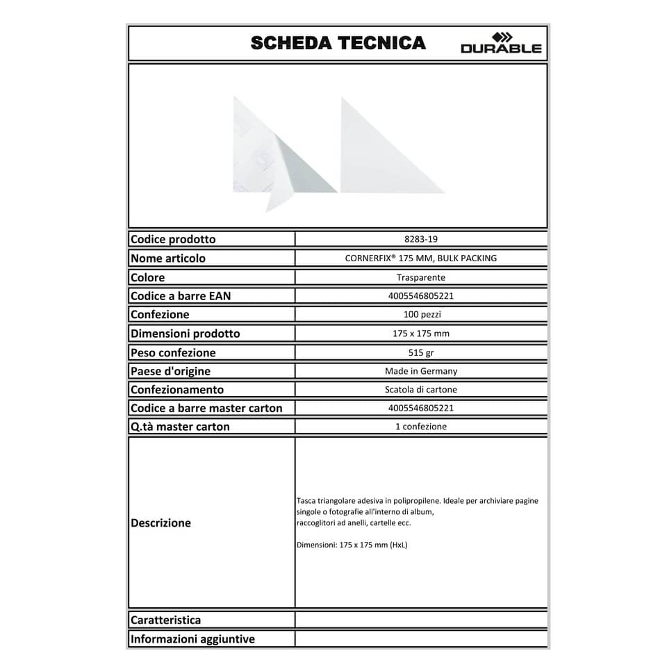 Tasche adesive DURABLE CORNERFIX® triangolari polipropilene trasparente 175x175mm  conf. 100 - 828319