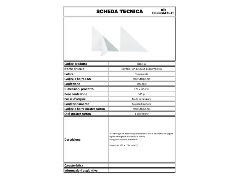 Tasche adesive DURABLE CORNERFIX® triangolari polipropilene trasparente 175x175mm  conf. 100 - 828319