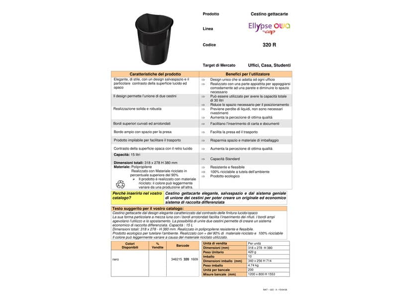 Cestino Ellypse 15L CEP in polipropilene con sistema Click per collegare due cestini nero - 1003200161
