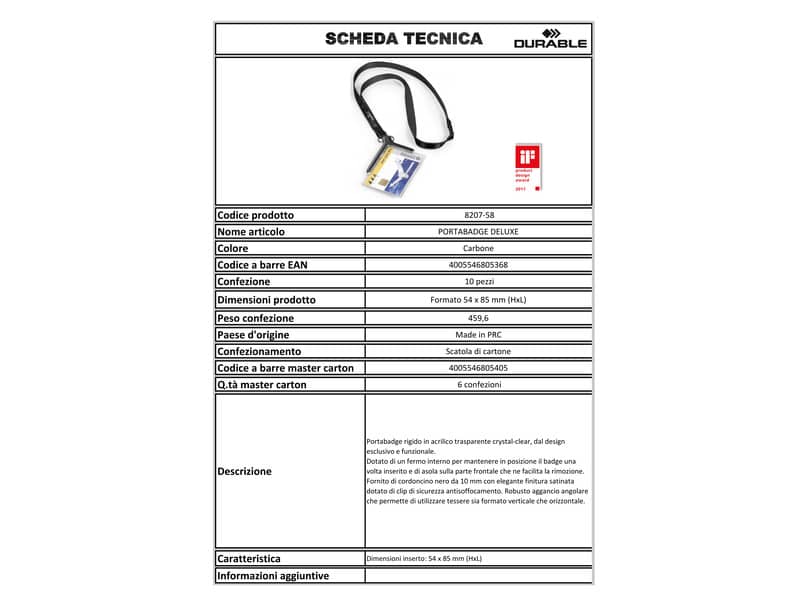Portabadge Durable DELUXE 54x85 mm con cordoncino trasparente Conf. 10 pezzi - 820758