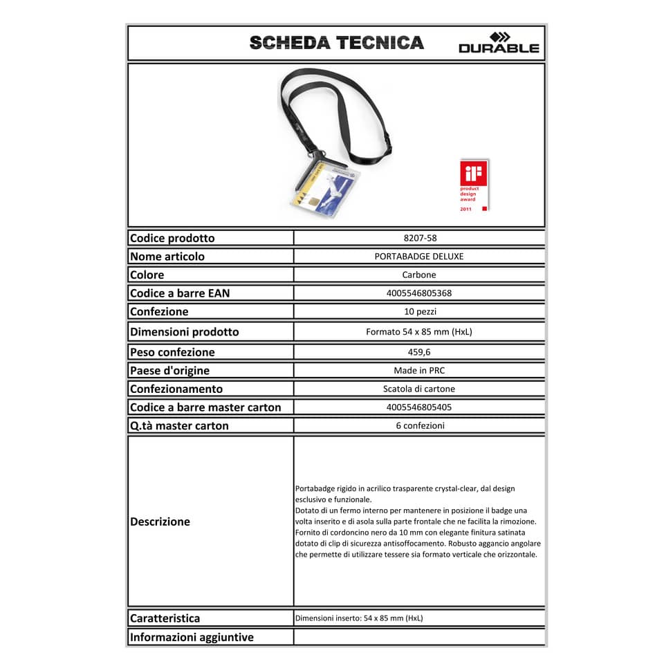 Portabadge Durable DELUXE 54x85 mm con cordoncino trasparente Conf. 10 pezzi - 820758