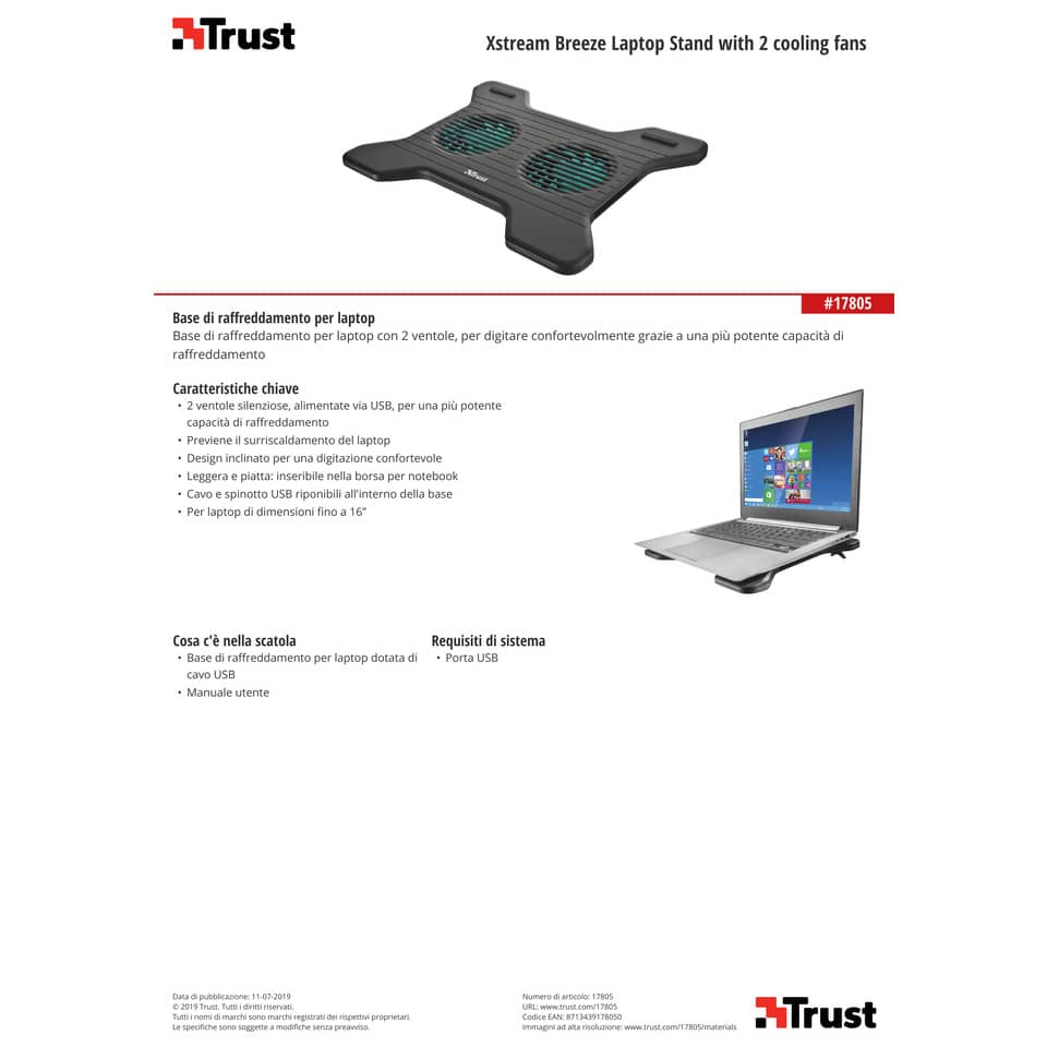 Supporto per laptop Trust Xstream Breeze con 2 ventole nero 17805