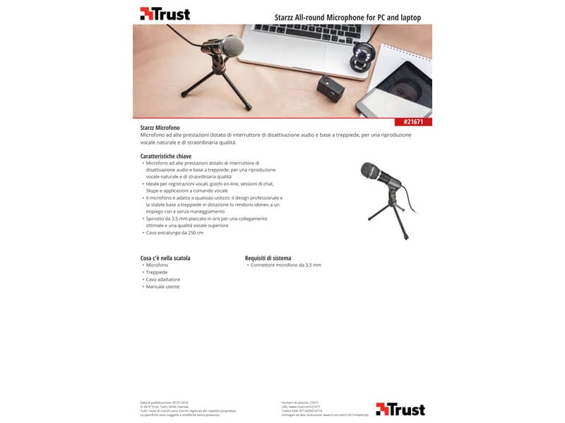 Microfono per PC con cavo da 2,5 m Trust Starzz nero 21671