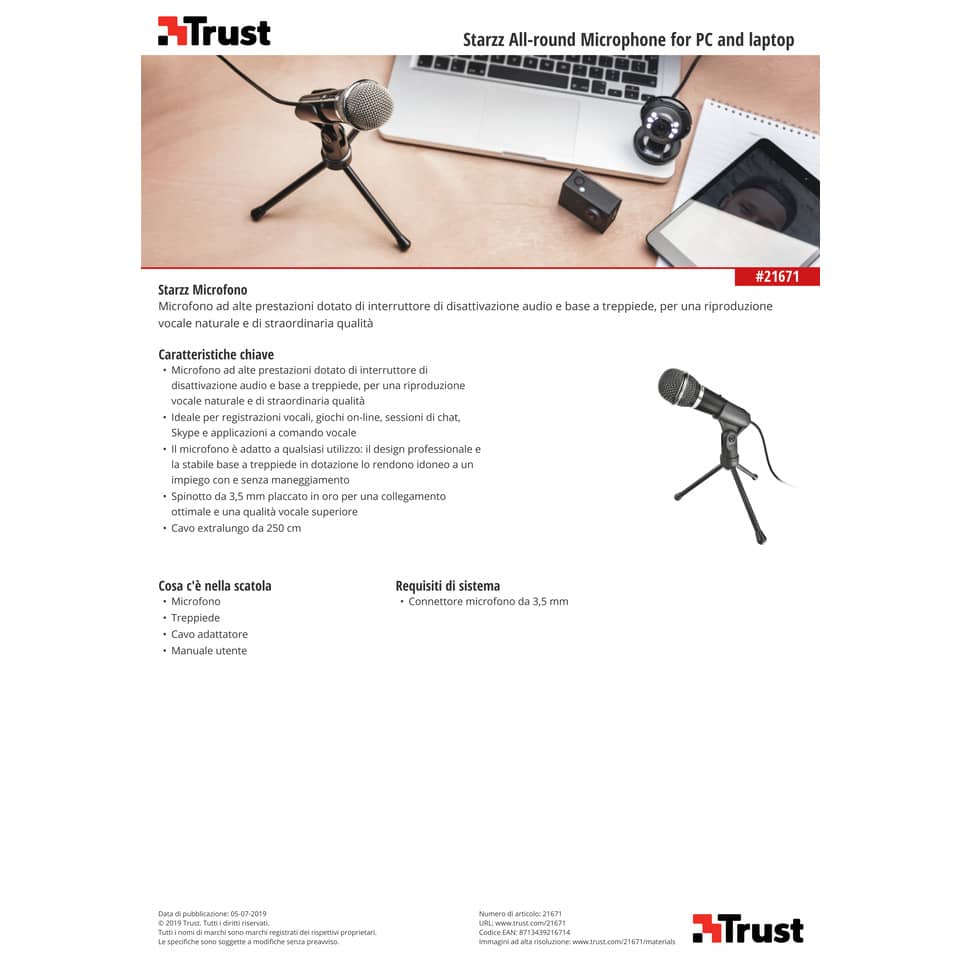 Microfono per PC con cavo da 2,5 m Trust Starzz nero 21671