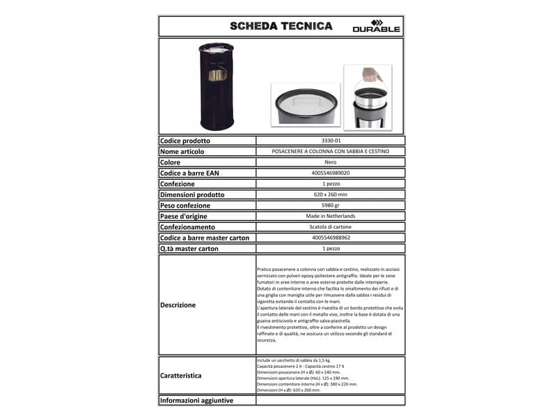 Posacenere Durable a colonna acciaio con sabbia e cestino base tonda H 62 x Ø 26 cm nero - 333001