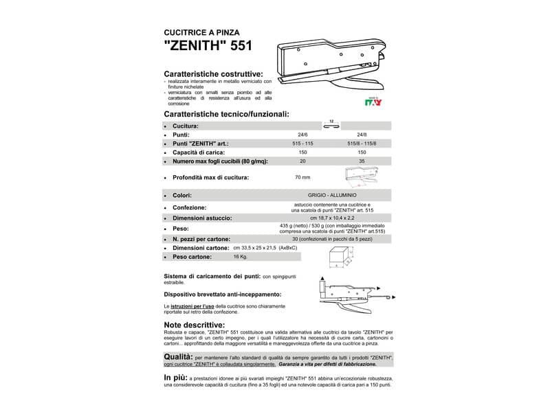 Cucitrice a pinza ZENITH 551 fino a 35 fogli Grigio 0205511067