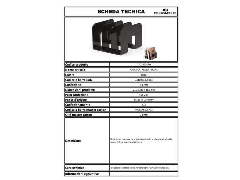 Porta cataloghi DURABLE TREND polistirolo nero 21,5x21x16,5 cm 1701395060